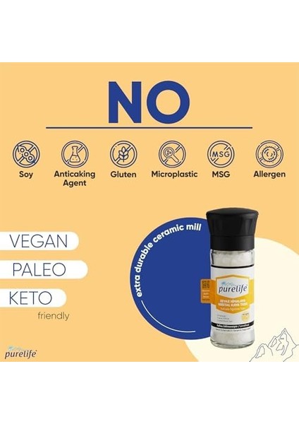 Purelife Himalaya Tuzu - Granül Kristal Kaya Tuzu Beyaz - Cam Şişe Seramik Değirmenli - 120 gr fiyatları
