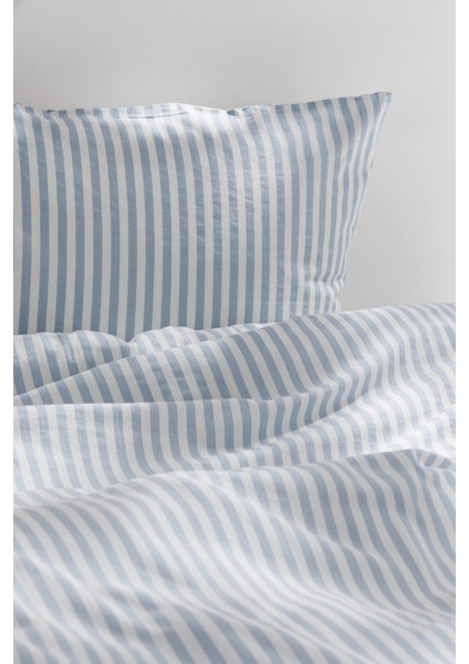 Natural Ranforce Mavi Çizgili Tek Kişilik Nevresim Takımı %100 Organik Pamuk