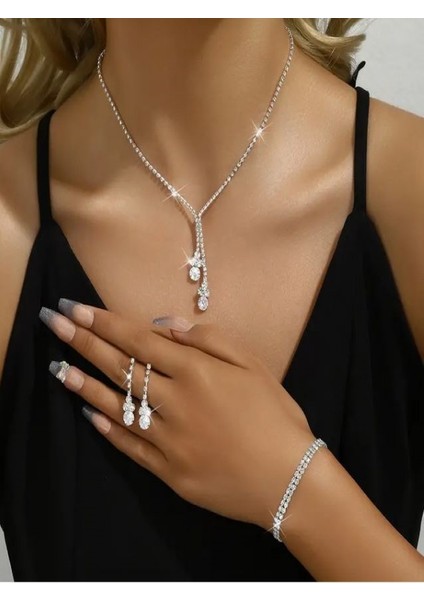 Gümüş Kaplama Zirkon Taşlı Şık Damla Su Yolu Düğün Takı Seti