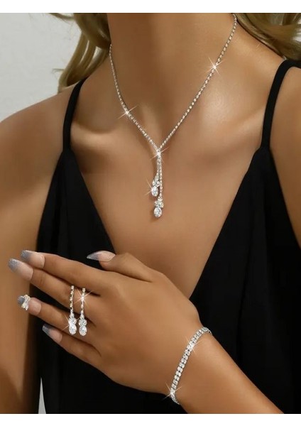Gümüş Kaplama Zirkon Taşlı Şık Damla Su Yolu Düğün Takı Seti fiyatları