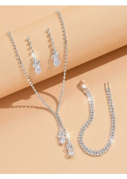 Gümüş Kaplama Zirkon Taşlı Şık Damla Su Yolu Düğün Takı Seti modelleri