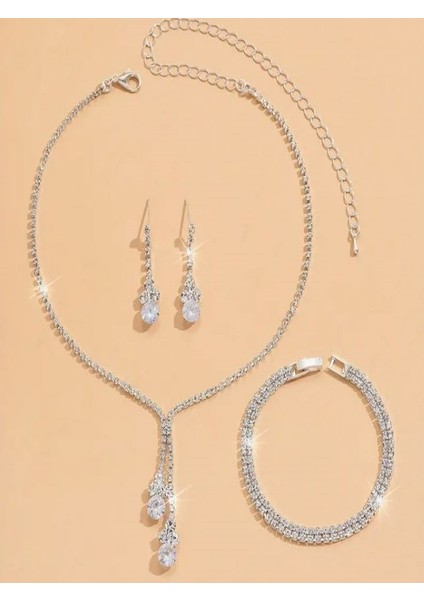 Gümüş Kaplama Zirkon Taşlı Şık Damla Su Yolu Düğün Takı Seti fırsatları