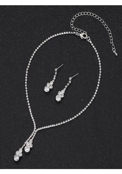 Gümüş Kaplama Zirkon Taşlı Şık Damla Su Yolu Düğün Takı Seti