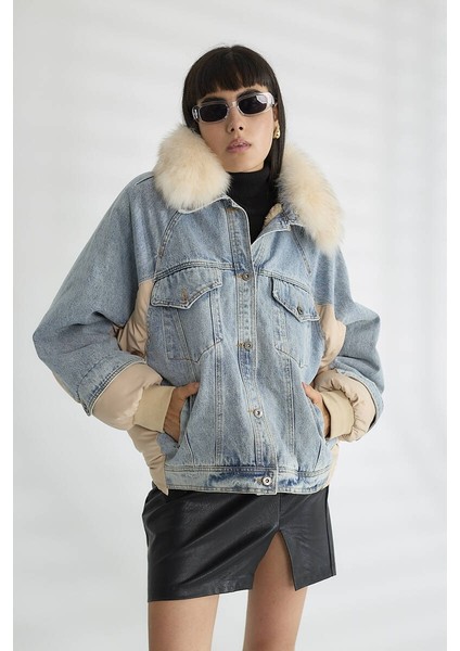 Kadın Kürk Yakalı Kot Ceket Şişme Puffer Detaylı Oversize Kışlık Denim Mont
