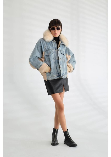 Kadın Kürk Yakalı Kot Ceket Şişme Puffer Detaylı Oversize Kışlık Denim Mont fiyatları