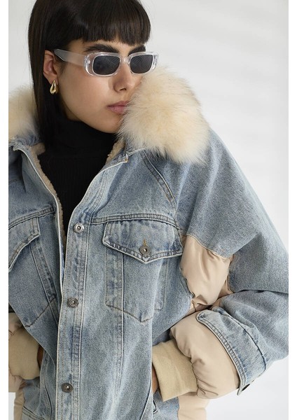 Kadın Kürk Yakalı Kot Ceket Şişme Puffer Detaylı Oversize Kışlık Denim Mont fırsatları