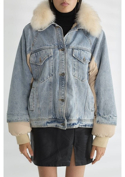 Kadın Kürk Yakalı Kot Ceket Şişme Puffer Detaylı Oversize Kışlık Denim Mont indirimleri