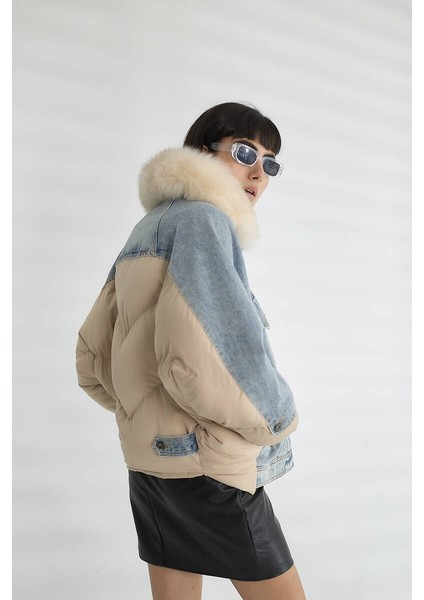 Kadın Kürk Yakalı Kot Ceket Şişme Puffer Detaylı Oversize Kışlık Denim Mont