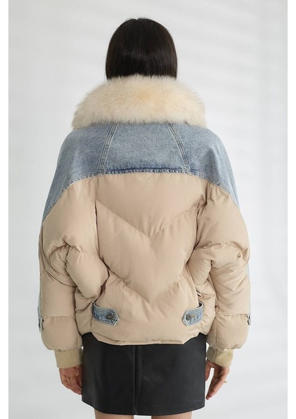 Kadın Kürk Yakalı Kot Ceket Şişme Puffer Detaylı Oversize Kışlık Denim Mont