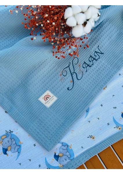 Ftbabycollection Çift Taraflı Kişiye Özel Isim Nakışlı Waffle Pike & Müslin Bebek BATTANIYESI 90X100 CM
