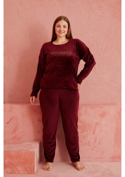 Calia 8701 Uzun Kollu Kadife Battal Beden Kadın Pijama Takımı