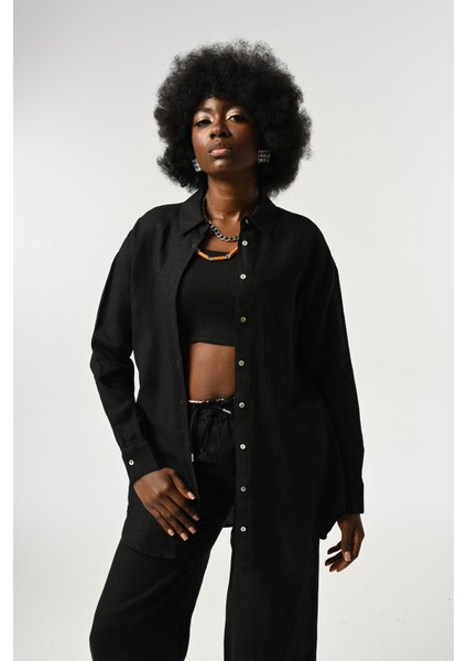 Kadın %100 Keten Tek Cepli Gömlek