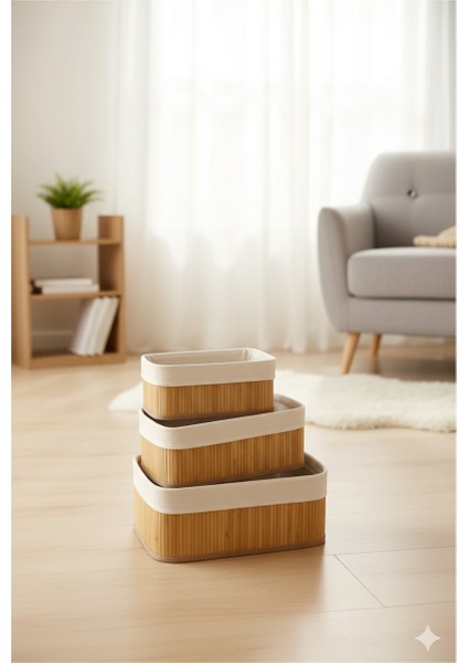 3’lü Doğal Bambu ve Kumaş Saklama Kutusu Seti – Şık, Dayanıklı ve Düzenli Depolama Çözümü