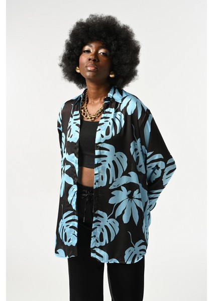 Kadın Yaprak Desenli Oversize Kesim Gömlek