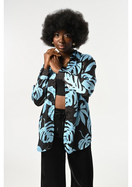 Kadın Yaprak Desenli Oversize Kesim Gömlek modelleri