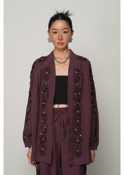 Kadın Şerit Gül ve Taş Detaylı Düz Oversize Kimono