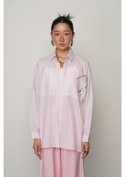 Kadın Tek Cepli Taş Işlemeli Pembe Renk Oversize Gömlek