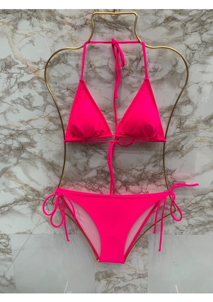 Kadın Likralı Yandan Boyundan Bağlamalı Şık Ipli Üçgen Bikini Takım
