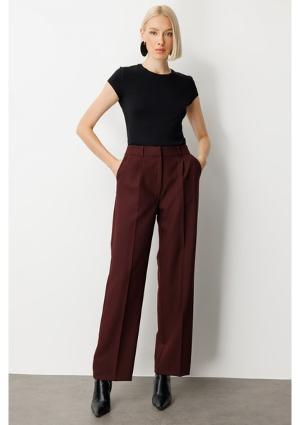 Kadın Yüksek Bel Bol Paça Pantolon 5019 Bordo modelleri