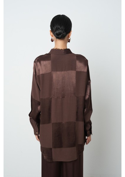 Kadın Kahverengi Dama Desenli Oversize Kesim Tesettür Gömlek indirimleri