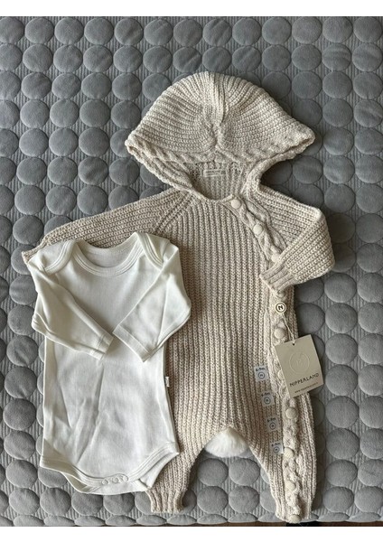 8175N Bebek Selanik Örgülü Kapüşonlu Triko Naturel Yün Tulum