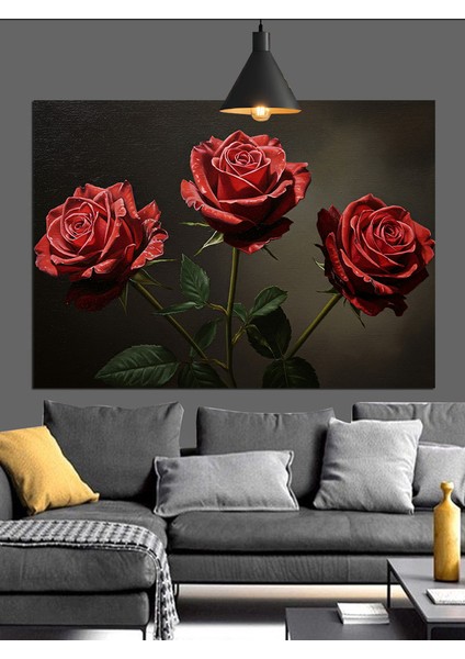 Üç Kırmızı Gül Çiçeği Dekoratif Kanvas - Mdf Ahşap Tablo