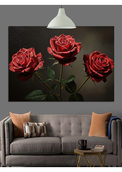 Üç Kırmızı Gül Çiçeği Dekoratif Kanvas - Mdf Ahşap Tablo fiyatları