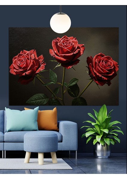 Üç Kırmızı Gül Çiçeği Dekoratif Kanvas - Mdf Ahşap Tablo fırsatları