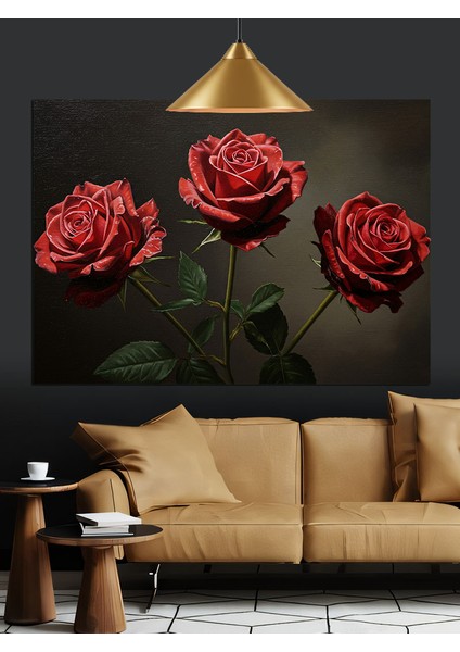 Üç Kırmızı Gül Çiçeği Dekoratif Kanvas - Mdf Ahşap Tablo indirimleri