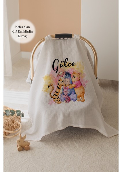 %100 Pamuk Isme Özel Çift Katlı Müslin Puset Örtüsü - Winnie The Pooh