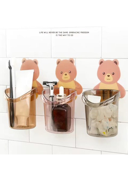 3 Adet Süper Yapışkanlı Sevimli Ayı Figürlü Diş Fırçası Kutusu - Banyo Makyaj Organizeri (3 Renk)