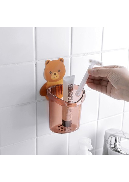 3 Adet Süper Yapışkanlı Sevimli Ayı Figürlü Diş Fırçası Kutusu - Banyo Makyaj Organizeri (3 Renk) fırsatları