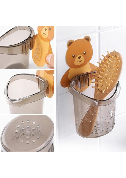 3 Adet Süper Yapışkanlı Sevimli Ayı Figürlü Diş Fırçası Kutusu - Banyo Makyaj Organizeri (3 Renk)