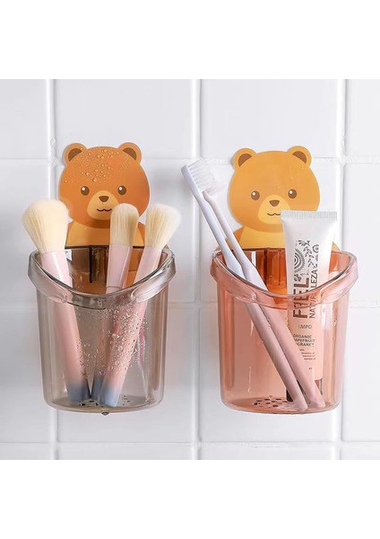 3 Adet Süper Yapışkanlı Sevimli Ayı Figürlü Diş Fırçası Kutusu - Banyo Makyaj Organizeri (3 Renk)