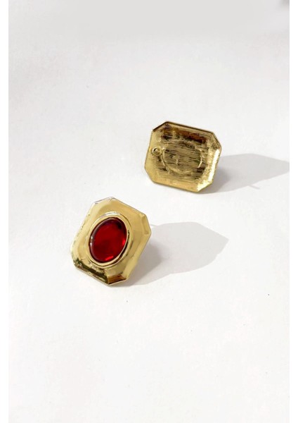 Gold Detaylı Renkli Taşlı Kare Çelik Vintage Küpe