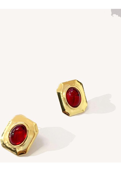 Gold Detaylı Renkli Taşlı Kare Çelik Vintage Küpe modelleri