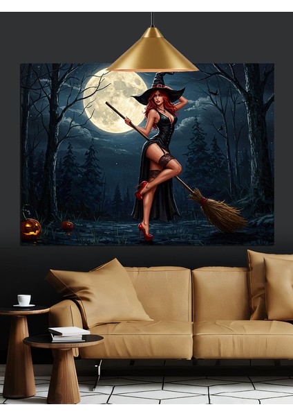 Dolunayda Cadı Uçan Süpürge Dekoratif Kanvas - Mdf Ahşap Tablo