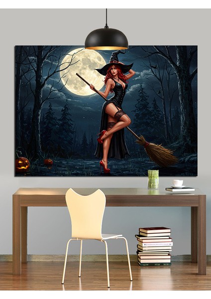 Dolunayda Cadı Uçan Süpürge Dekoratif Kanvas - Mdf Ahşap Tablo fırsatları