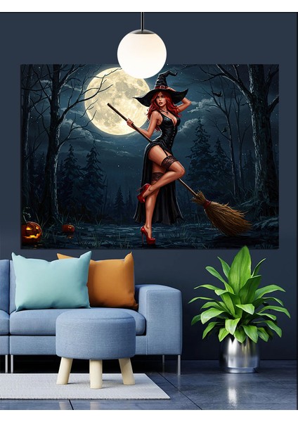 Dolunayda Cadı Uçan Süpürge Dekoratif Kanvas - Mdf Ahşap Tablo indirimleri