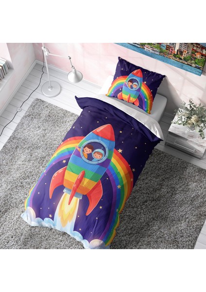 Gökkuşağı Roketli Uzay Keşfi Çocuk Nevresim Takımı (Çarşafsız)