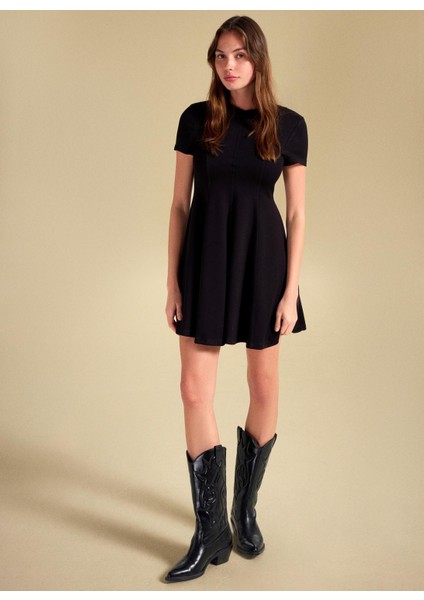 Yuvarlak Yaka Düz Siyah Mini Kadın Elbise PBF5WL-ELB0117