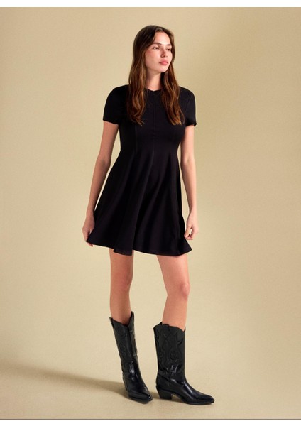 Yuvarlak Yaka Düz Siyah Mini Kadın Elbise PBF5WL-ELB0117 fiyatları