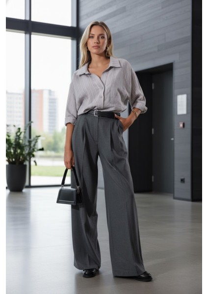 Kadın Premium Kalite Kemerli Gri Palazzo Pantolon indirimleri