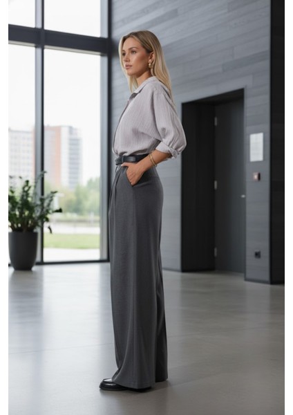 Kadın Premium Kalite Kemerli Gri Palazzo Pantolon
