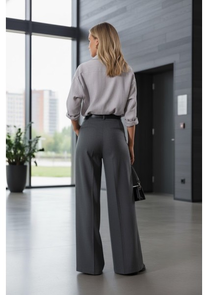 Kadın Premium Kalite Kemerli Gri Palazzo Pantolon