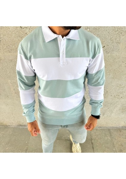 Erkek Polo Yaka Uzun Kollu Çizgili Sweatshirt Trend Rugby Stil - Çağla Yeşili fiyatları