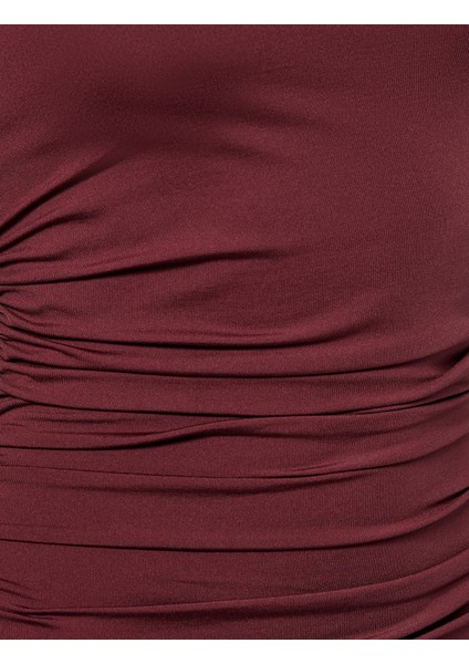 Asimetrik Yaka Uzun Kollu Drapeli Midi Elbise