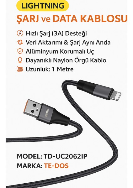 Lightning Hızlı Şarj ve Veri Aktarım Kablosu 3A Güçlü Akım Naylon Örgü Dayanıklı Tasarım iPhone Uyumlu 1 Metre