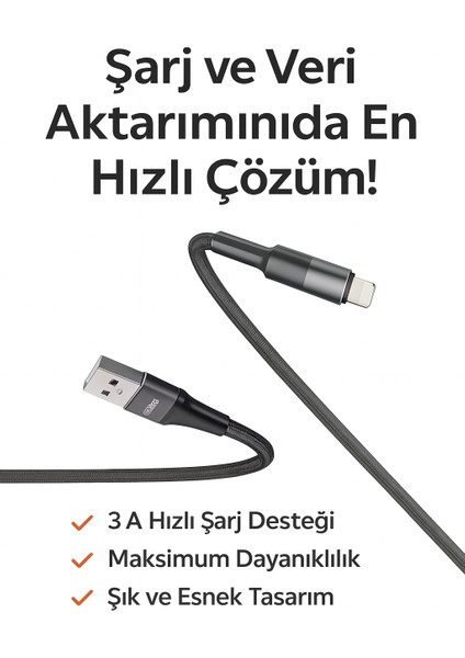 Lightning Hızlı Şarj ve Veri Aktarım Kablosu 3A Güçlü Akım Naylon Örgü Dayanıklı Tasarım iPhone Uyumlu 1 Metre fiyatları