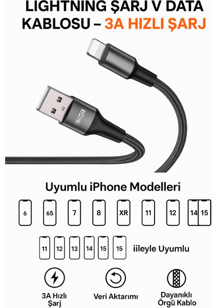 Lightning Hızlı Şarj ve Veri Aktarım Kablosu 3A Güçlü Akım Naylon Örgü Dayanıklı Tasarım iPhone Uyumlu 1 Metre modelleri
